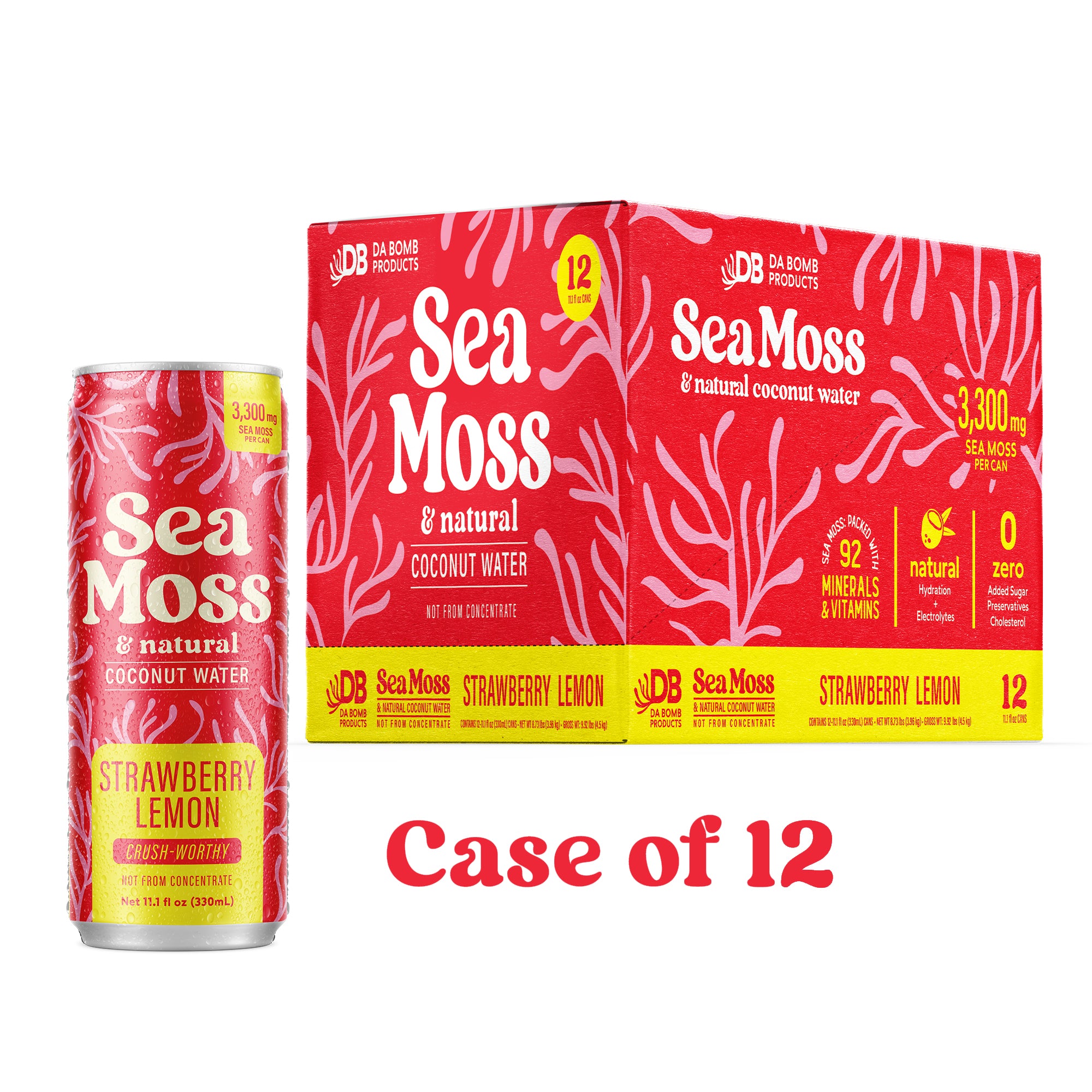Sea Moss Coconut Water- Strawberry Lemon | 12-Pack | Not from Concentrate | No Added Sugar, Vegan, 3,300mg Wild-harvested Sea Moss, Electrolyte Hydration