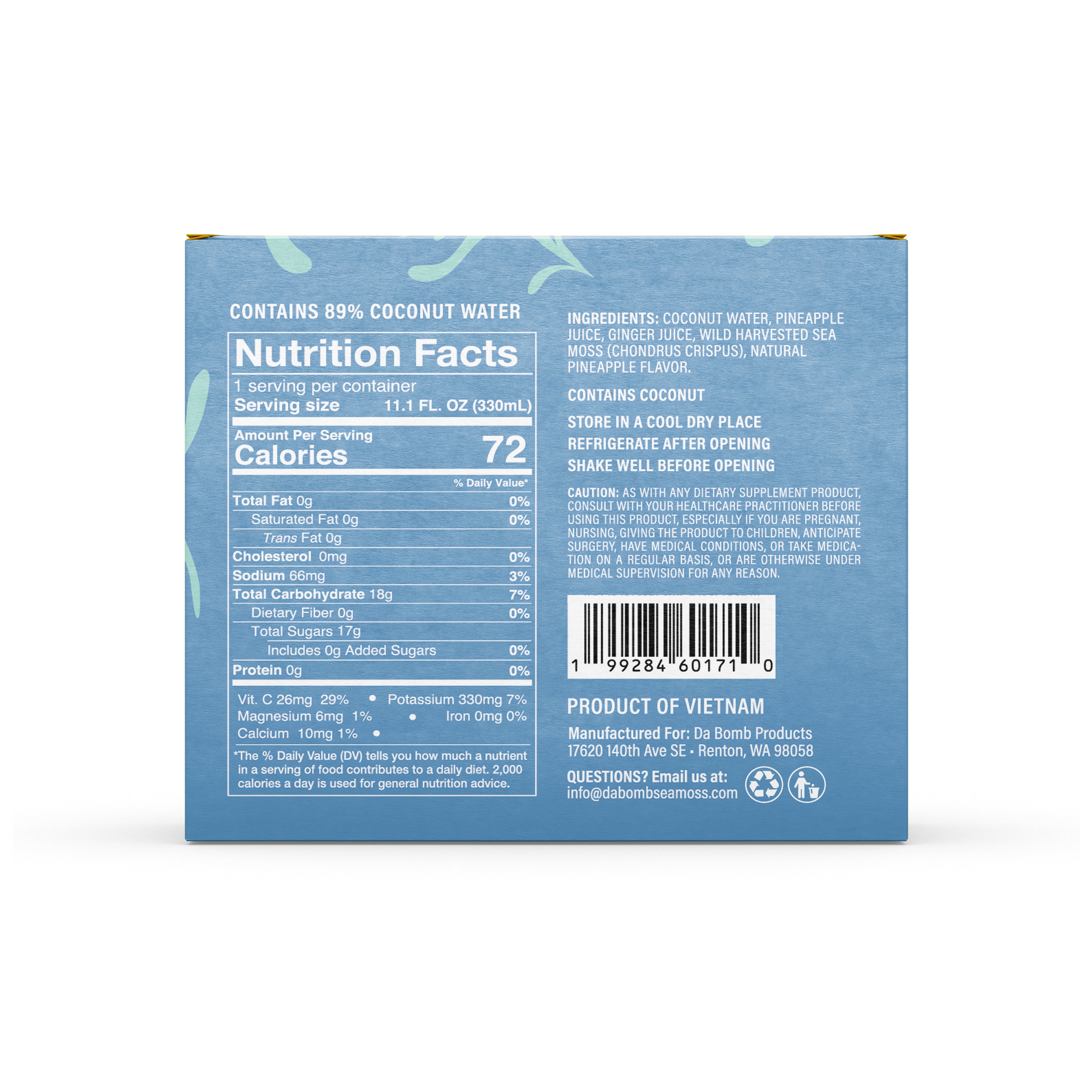 Sea Moss Coconut Water- Pineapple Ginger | 12-Pack | Not from Concentrate | No Added Sugar, Vegan, 3,300mg Wild-harvested Sea Moss, Electrolyte Hydration