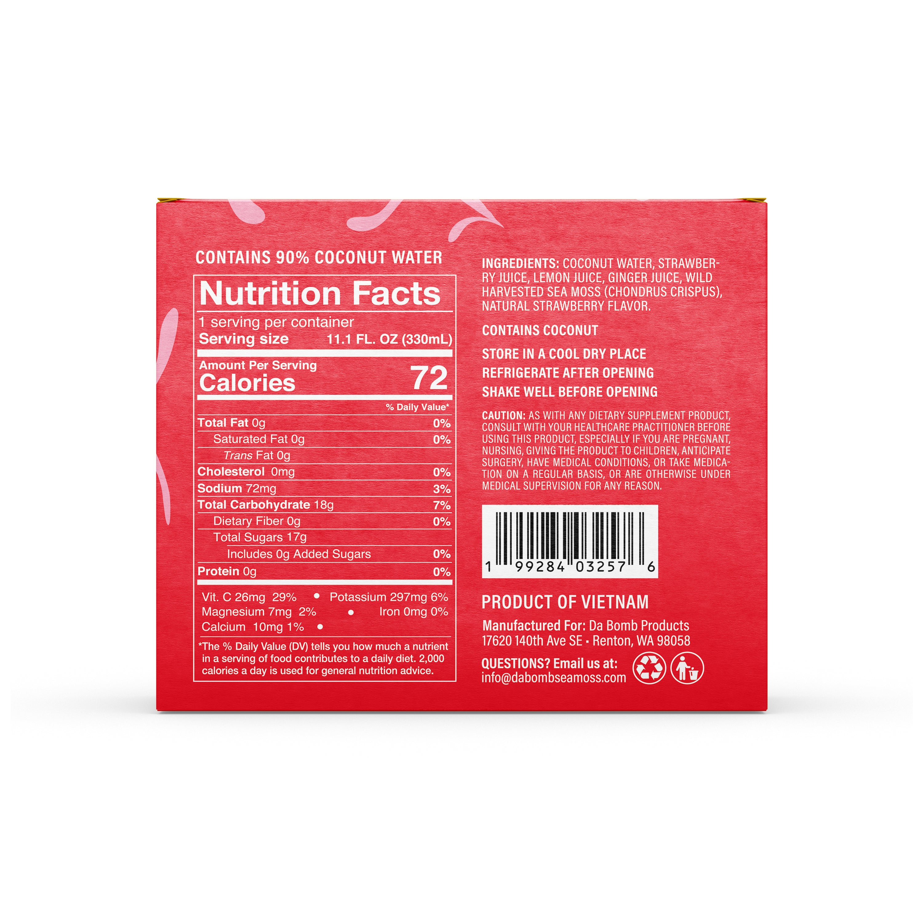 Sea Moss Coconut Water- Strawberry Lemon | 12-Pack | Not from Concentrate | No Added Sugar, Vegan, 3,300mg Wild-harvested Sea Moss, Electrolyte Hydration