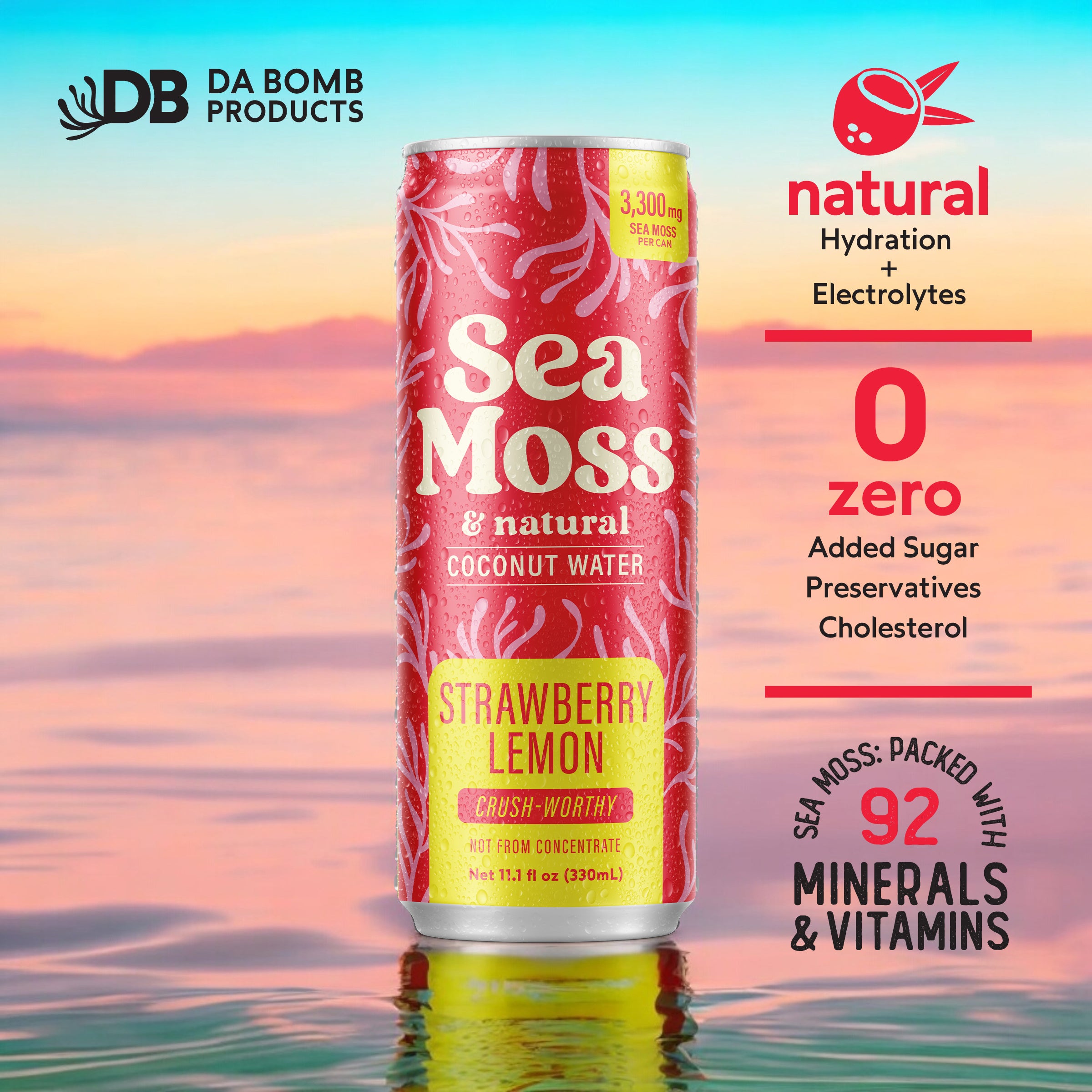 Sea Moss Coconut Water- Strawberry Lemon | 12-Pack | Not from Concentrate | No Added Sugar, Vegan, 3,300mg Wild-harvested Sea Moss, Electrolyte Hydration