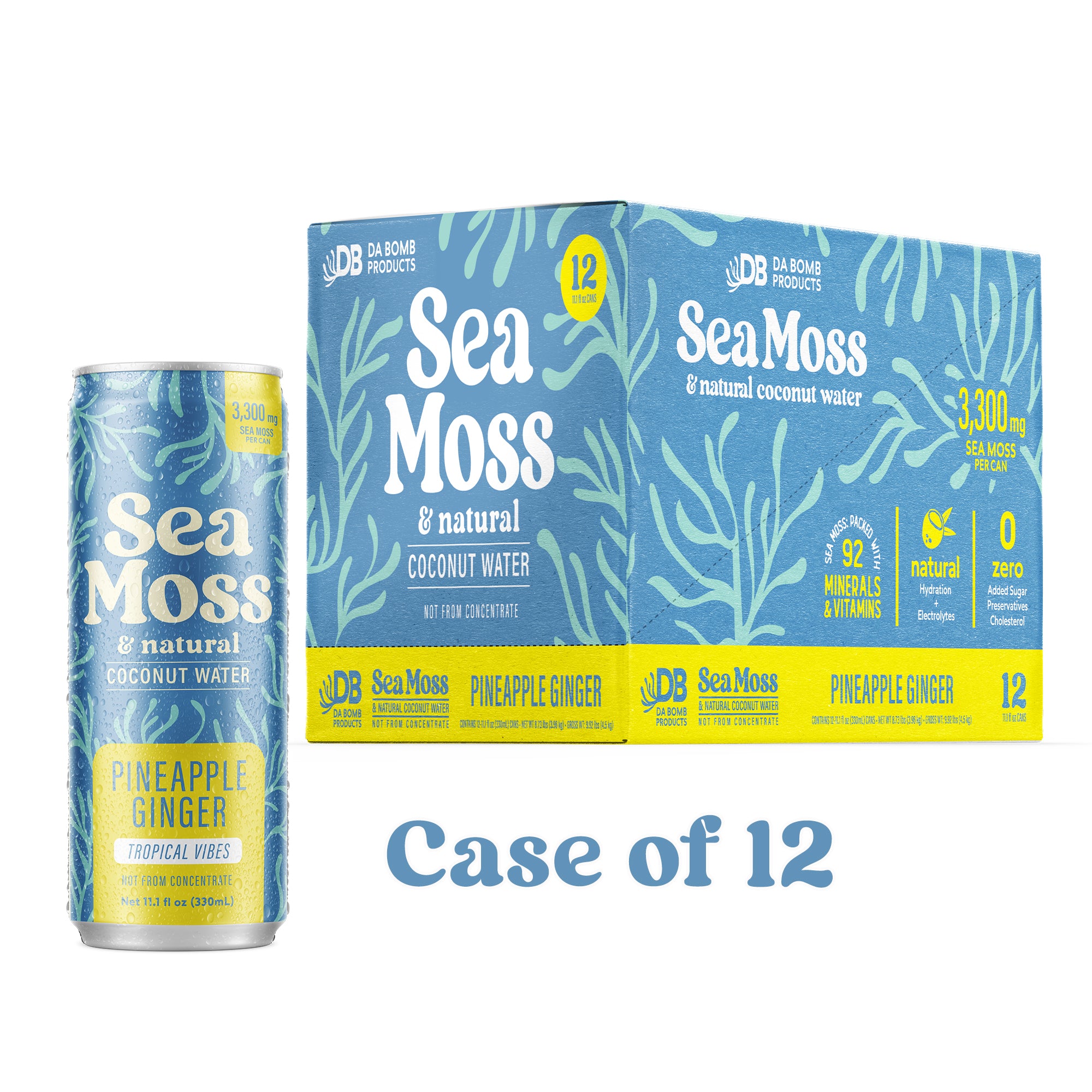 Sea Moss Coconut Water- Pineapple Ginger  | 12-Pack | Not from Concentrate | No Added Sugar, Vegan, 3,300mg Wild-harvested Sea Moss, Electrolyte Hydration