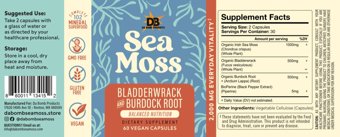 Organic Wild Harvested Sea Moss with Bladderwrack & Burdock Root (2,000mg)- 60 Vegetable Capsules