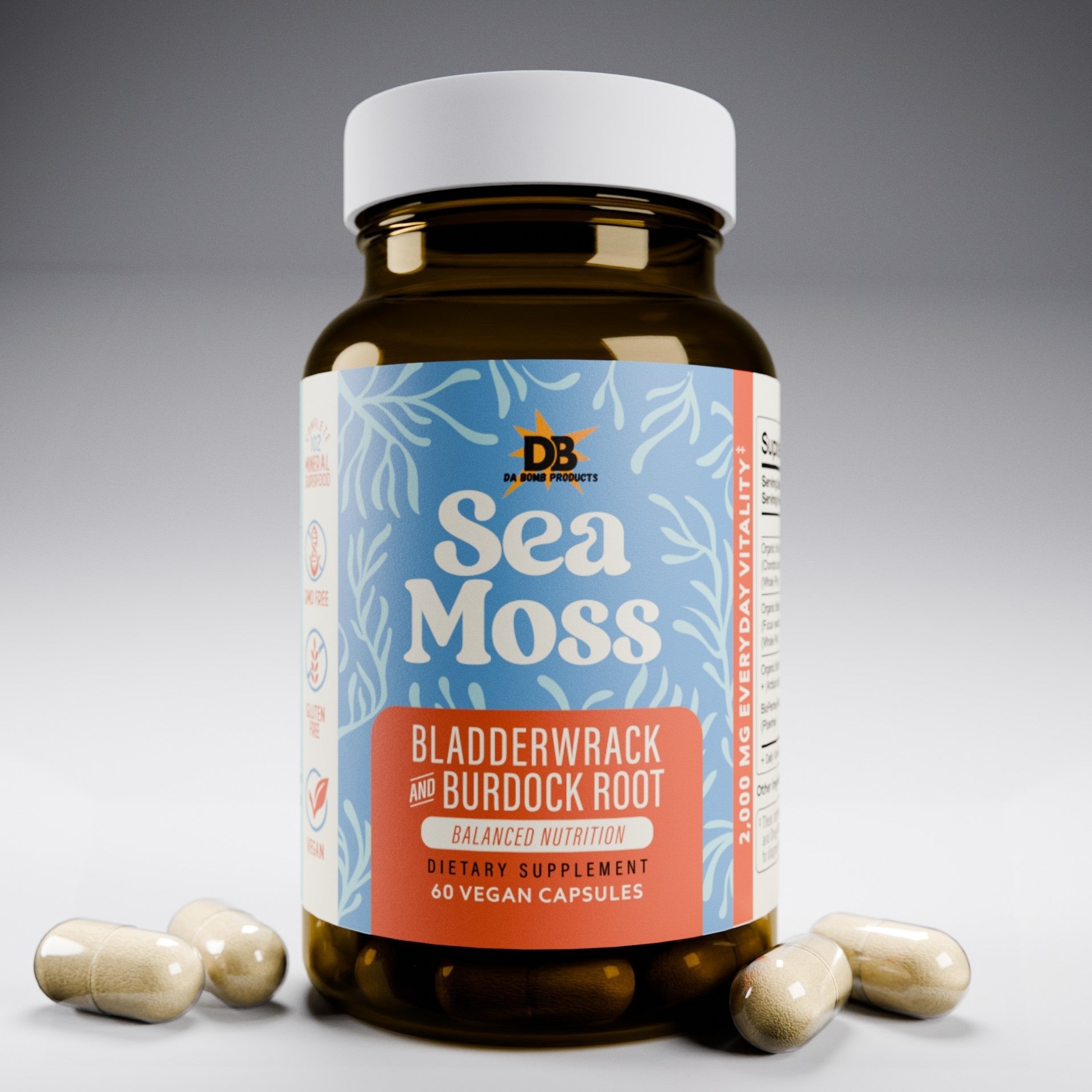 Organic Wild Harvested Sea Moss with Bladderwrack & Burdock Root (2,000mg)- 60 Vegetable Capsules