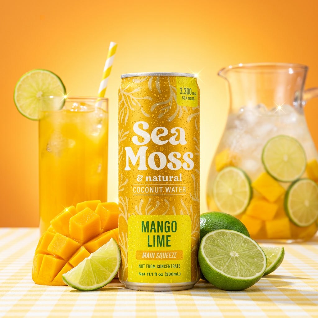 Sea Moss Coconut Water- Mango Lime | 12-Pack | Not from Concentrate | No Added Sugar, Vegan, 3,300mg Wild-harvested Sea Moss, Electrolyte Hydration