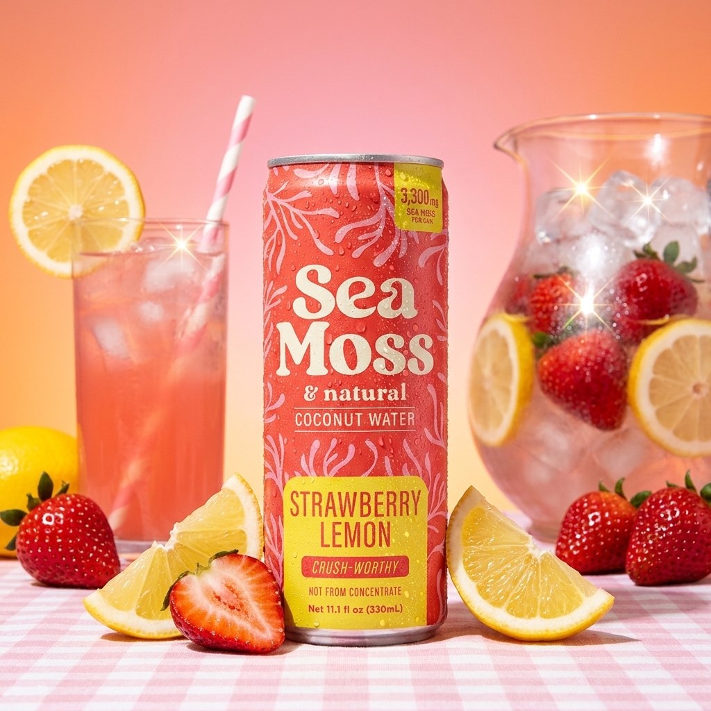 Sea Moss Coconut Water- Strawberry Lemon | 12-Pack | Not from Concentrate | No Added Sugar, Vegan, 3,300mg Wild-harvested Sea Moss, Electrolyte Hydration